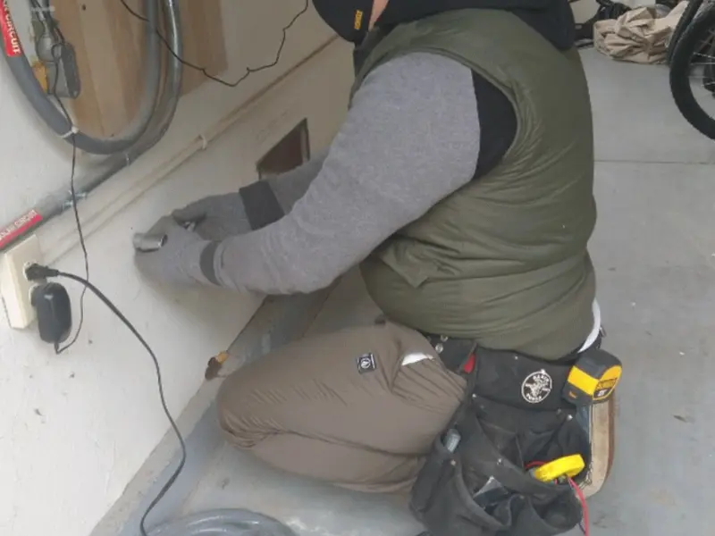 Electrician performing outlet wiring in a Hercules garage